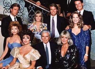 Clockwise from top left: John James, Heather Locklear, Jack Coleman, Gordon Thomson, Leann Hunley, Linda Evans, John Forsythe, Joan Collins, and Emma 