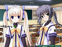 Screenshot of what average conversation looks like in Clover Heart's. Pictured are Rio Mikoshiba and Rin Asuka. Note that the conversation text "e......" appears by Rio, instead of in a more orthodox message window. Clover Heart's screeny.jpg