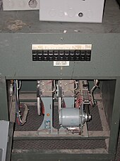 Two 6000 watt motor driven autotransformer dimmers, used for theatre auditorium lighting Theatrheostat.jpg