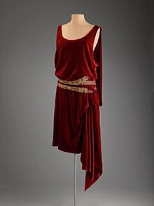 (8) Red velvet dress trimmed with metallic gold thread and red glass beads, early 1920s 1920ThurnRedVelvetDress.jpg