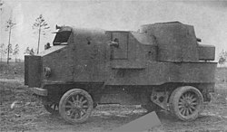 Garford-Putilov armoured car. Photograph taken in the spring of 1918 in the Baltic region. By all appearances this is a vehicle captured by the German army. Garford-Putilov armored car 1918.jpg