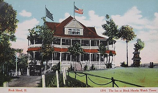 The Inn at Black Hawk's Watch Tower in Rock Island, Illinois, was the frequent location of conventions of the United Christian Party. Inn-Black-Hawk-Watch-Tower.jpg