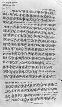 Ransom letter sent to Minnie Kennedy. A typewriter possibly used in the letter's production/ disappeared and was sought by post office inspectors. LAPL Avengers Ransom00024582.jpg