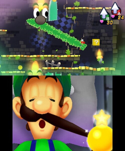 Dreamy Luigi assumes the formation of a vine (top). The player is interacting with Luigi's mustache (bottom), causing the vine to extend.