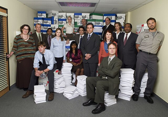 The Office starring cast at the beginning of the third season. Characters, from left to right: Phyllis Lapin-Vance, Toby Flenderson, Jim Halpert (seat