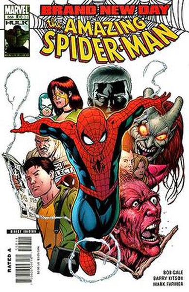 Cover of The Amazing Spider-Man vol. 3, 558 (Jul, 2008) Featuring clockwise from top left: Blue Shield, Jackpot, Mister Negative, Menace, Lily Hollist