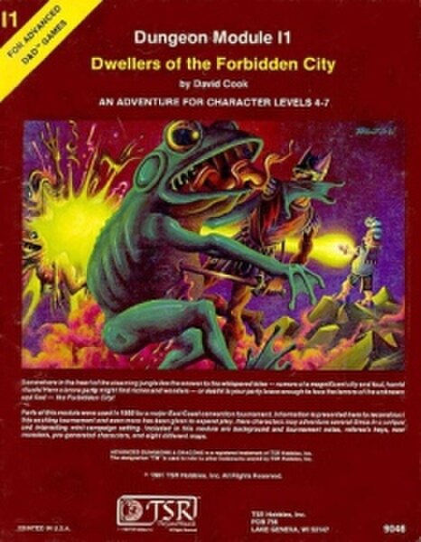 The cover of Dwellers of the Forbidden City, with art by Erol Otus. The artwork depicts a battle between bullywugs (left) and player characters.