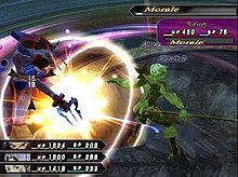 The player's party, consisting of Haseo, Endrance, and Kuhn, is battling Sirius, another player. The pink color of Sirius' target box indicates that a Rengeki may be performed on him. GU gameplay.jpg