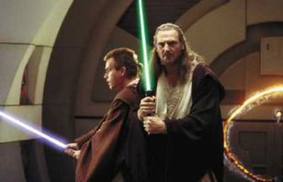 Jedi characters Qui-Gon Jinn (Liam Neeson, right) and Obi-Wan Kenobi (Ewan McGregor, left) in the 1999 film Star Wars: Episode I – The Phantom Menace