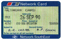 The first APTIS version of the Network Card. This was used from the start of the APTIS era in 1986/1987 until well into the 1990s, as stocks had to be used up despite the introduction of the new-look orange-banded version in 1991. Network Card 2.png