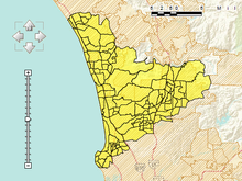 This collection of 116 census tracts in San Diego County has a population of 615,092 and a per capita income of $44,131, about 50 percent more than that of California and the United States. SDC High-Income Triangle.png