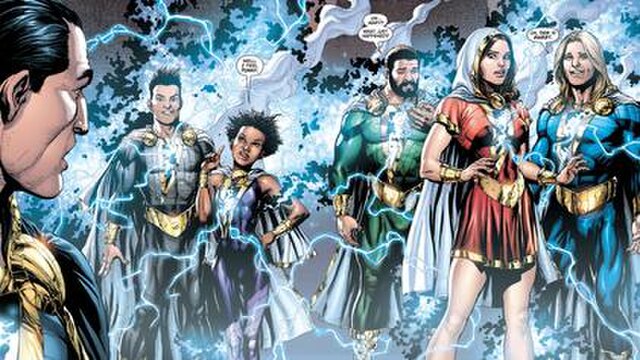 Black Adam confronts the newly created Shazam Family, including Freddy Freeman (far right), as seen in Justice League vol. 2 #21 (August 2013). Art by