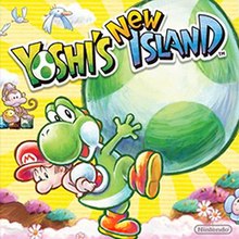 Packaging artwork, depicting Yoshi carrying Baby Mario on his back and holding a large spotted egg