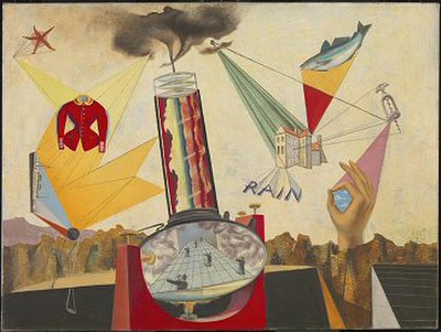 Surrealist work Le Grand Jour, 1938, described by Penrose as a collage painting, made using nothing but paint, depicting among other things an alembic