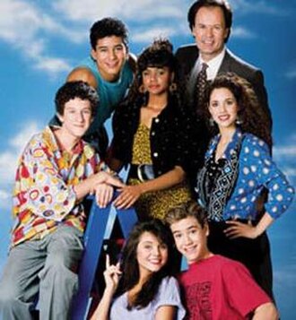 The cast of Saved by the Bell, clockwise from left: Screech, Slater, Lisa, Mr. Belding, Jessie, Zack, and Kelly