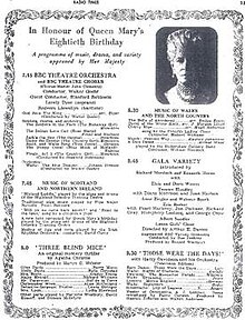 The billing from the Radio Times issue of 25-31 May 1947, illustrating the night's programmes on radio for Queen Mary including the performance of Three Blind Mice Three Blind Mice Radio Times Billing 1947.jpg