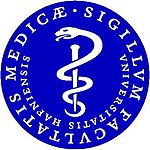 The official seal of the Faculty of Health and Medical Sciences, featuring the Rod of Asclepius. It was designed by Pete Burke and first taken into use on September 1, 2004. Sigilum Facultatis Medicae.JPG