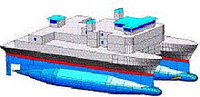 A SWATH ship has twin hulls (blue) that remain completely submerged Small waterplane area twin hull swath1 large.jpg