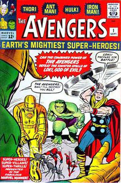 The Avengers #1 (September 1963). Cover art by Jack Kirby and Dick Ayers featuring the five original members of the team: Ant-Man, the Wasp, Iron Man,