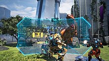 An in-game screenshot depicting exofighters battling a Tyrannosaurus while using an energy shield to protect themselves. Exoprimal gameplay screenshot.jpg