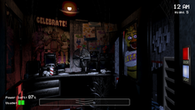 A gameplay screenshot showing the inside of the protagonist's office, with Chica the Chicken standing in the right hallway