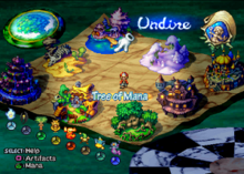 The world map as presented in the Land Make system. Eight locations are shown; the rankings for each Spirit of Mana for the selected artifact are shown below the map. Legend of Mana Land Make.png