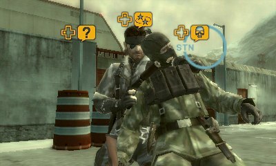 A screenshot of Metal Gear Solid: Snake Eater 3D, showing Snake restraining the enemy with CQC