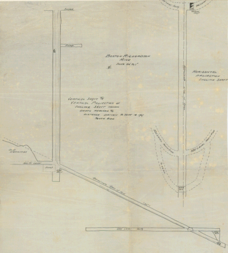 Boston-Richardson Mine-Vertical Shaft and Vertical Projection of Incline Shaft Showing Depth Reached and Distance Driven South Side Ofi 1907-001 ov.gif