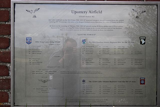 The Memorial plaque near RAF Upottery, Devon, UK, showing the names of those who died in transit from the base to France on 5 and 7 June 1944.