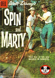 "Their day of fun was masked in dangers", the September 1958 cover of Dell Comics' Spin and Marty series, picturing David Stollery and Tim Considine.