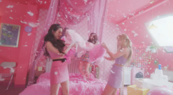 A scene in the music video, where Aespa is seen having a pillow fight at a sleepover. Aespa - Life's Too Short (music video screenshot).png