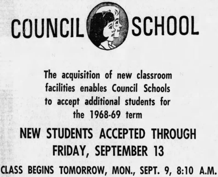 File:Council School Advert (Clarion Ledger Sept 6 1968 page 4).png