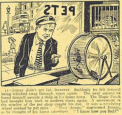 Panel 11 of issue 272's Jimmy and His Magic Patch story: drawing of a schoolboy in his school uniform standing by the front window of a pet shop, looking sympathetically at mice playing with a spinning hamster wheel inside the shop. Underneath is a paragraph explaining he had travelled back to the present and is telling the mice playing with the wheel "I know how you feel!"