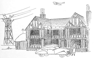 Sahte Tudor siyah beyaz cepheli, 20. yüzyıldan kalma müstakil bir evin çizgi çizimi.  Bir uçak havada uçar ve modern (1930'lar) bir motorlu araba dışarıda durur