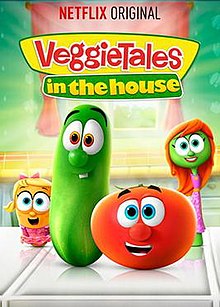 Poster for VeggieTales in the House featuring (from left to right:) Laura, Larry, Bob, and Petunia VeggieTales in the House poster.jpg