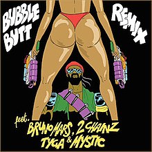 It features two cartoon characters, a man watching a woman in a thong bikini with two weapons, one in each hand. It depicts "Bubble Butt (Remix)" feat. Bruno Mars, 2 Chainz, Tyga & Mystic in white writing