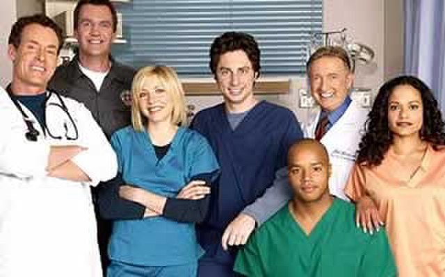 Scrubs' original cast, seasons 1–8 (left to right): John C. McGinley, Neil Flynn, Sarah Chalke, Zach Braff, Donald Faison, Ken Jenkins, and Judy Reyes