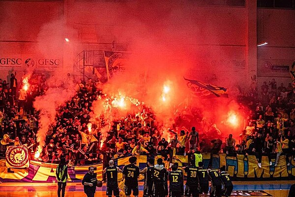 Organised supporters celebrating AEL's victory over KK Lovćen in the 2023–24 BIBL.