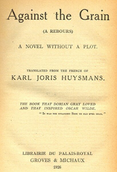 Title page of the 1926 first complete English translation with the caption "the book that Dorian Gray loved and that inspired Oscar Wilde".
