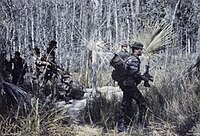 A colour picture of a four-man Australian SAS patrol wearing their distinctive 