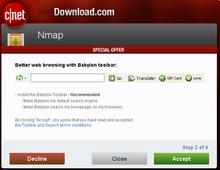 Installer window from Download.com during the controversy with Nmap. After clicking on the green button, it installs the Babylon Toolbar, which hijacks the user's web browser. Babylon malware installer.png