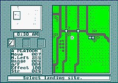 Commandore 64 versiyasidan olingan skrinshot, Normandiya va uning daryolari qismining o'rtacha kattalikdagi xarita xaritasini aks ettiradi. Chapdagi interfeysda Buyuk Britaniyaning 6-chi havo-desant divizioni tafsilotlari, hozirgi vaqt va qo'nish joylari ko'rsatilgan.