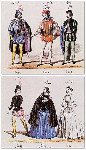 Costumes for the Duke of Mantua and Gilda published by Casa Ricordi shortly after the 1851 premiere Rigoletto premiere costumes for the Duke and Gilda.jpg