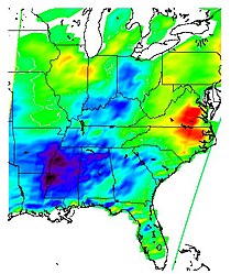 Flooding from Hurricane Isidore shown by AMSU channel 2 Isidore flooding diff.jpg