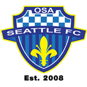 OSA Seattle FC emblem: A blue striped and checkered shield is adorned with the words "OSA" across the top and "SEATTLE FC" across the middle. And below is a yellow Fleur-de-lis.