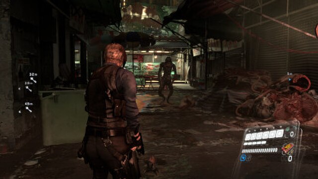 In this scenario, the player controls Leon S. Kennedy before engaging an enemy. Leon's health and ammunition are displayed at the bottom right corner 
