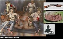 Concept art of the carousel room trap. Since the actors were constantly spinning, they were given anti-nausea medication to prevent motion sickness.[23]