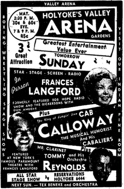 Even as its boxing lineups struggled to draw crowds in the 1950s, the venue continued to promote weekly music performances drawing from stars who'd gained popularity through the growing mediums of radio and television; with this one featuring Frances Langford, Cab Calloway, Tommy Reynolds. Valley Arena Gardens Sunday Music Lineup January 1950.png