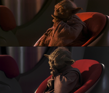 Comparison between the puppet of Yoda, present in the theatrical and DVD releases, and the computer-generated model, present in the Blu-ray Disc and 3D releases.