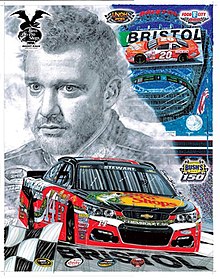 La portada del programa Bass Pro Shops NRA Night Race 2016, con Tony Stewart.  Ilustraciones de Sam Bass.  La pintura se llama "¡Cortina de humo!"